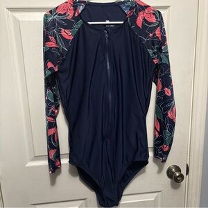 All in Motion Long Sleeve Swimsuit One Piece Size XL Navy Blue Floral Zip Up